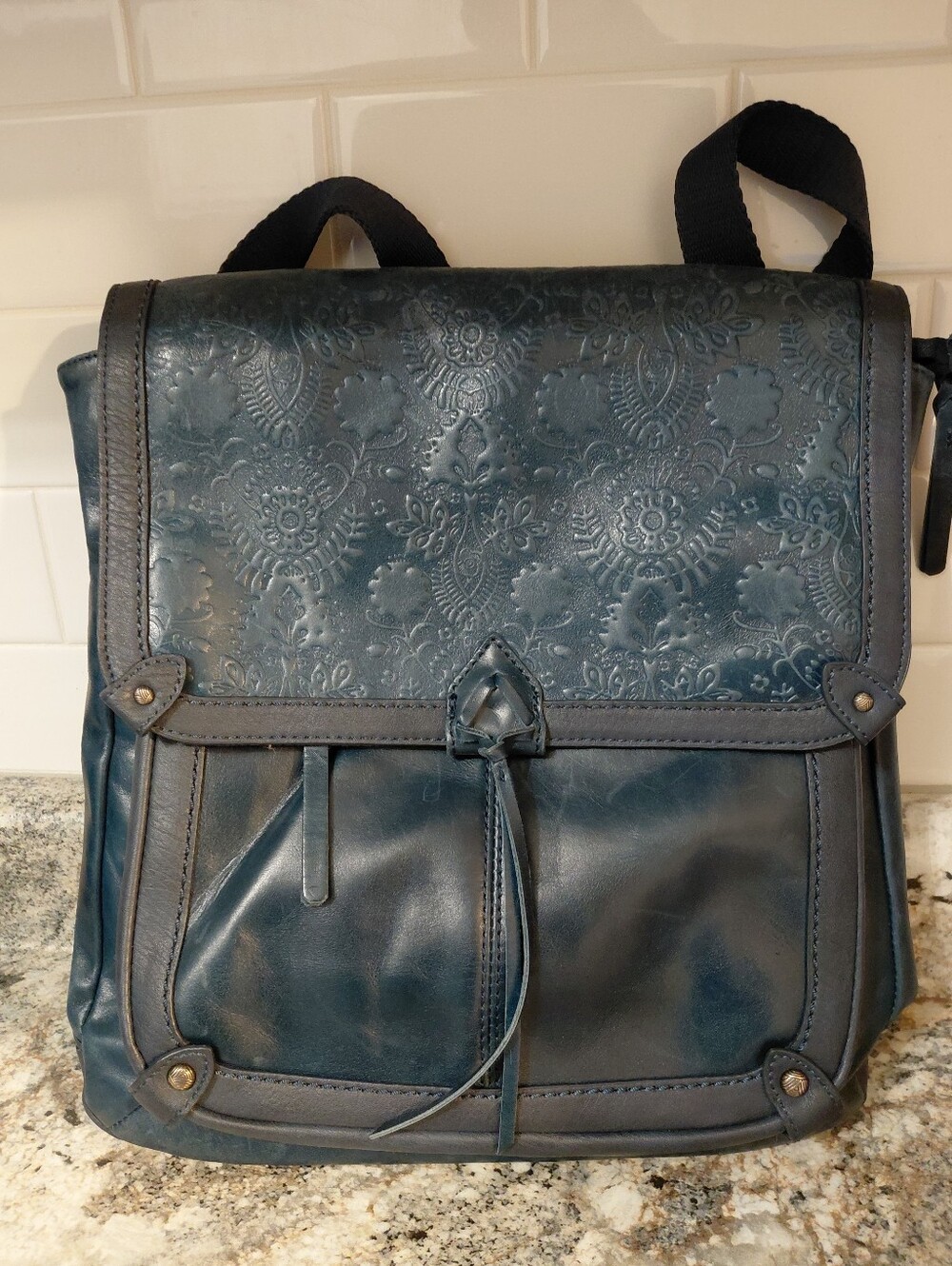 The Sak Ventura Convertible Indigo Blue Leather Embossed Leather Backpack Purse